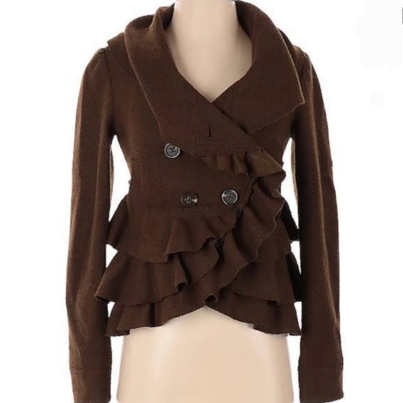 Anthropologie Elevenses Brown Echelon Ruffle Tier Peplum Jacket Size 6 - Picture 2 of 14